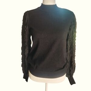 Nanette Lepore Classic Black Lace Sleeve MockTurtleneck Sweater Size:‎ S